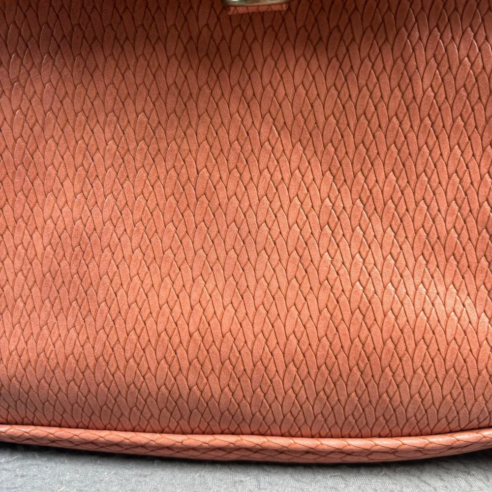 Boho Mini Backpack Terracotta Faux Leather Woven Geometric Pom Pom Trim Pink